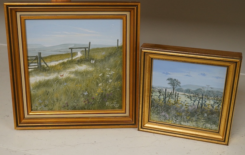 Peter Jay (b.1936), two oils on board, including ‘Stile on the South Downs’, each signed, 19.5 x 19.5cm, gilt framed. Condition - good